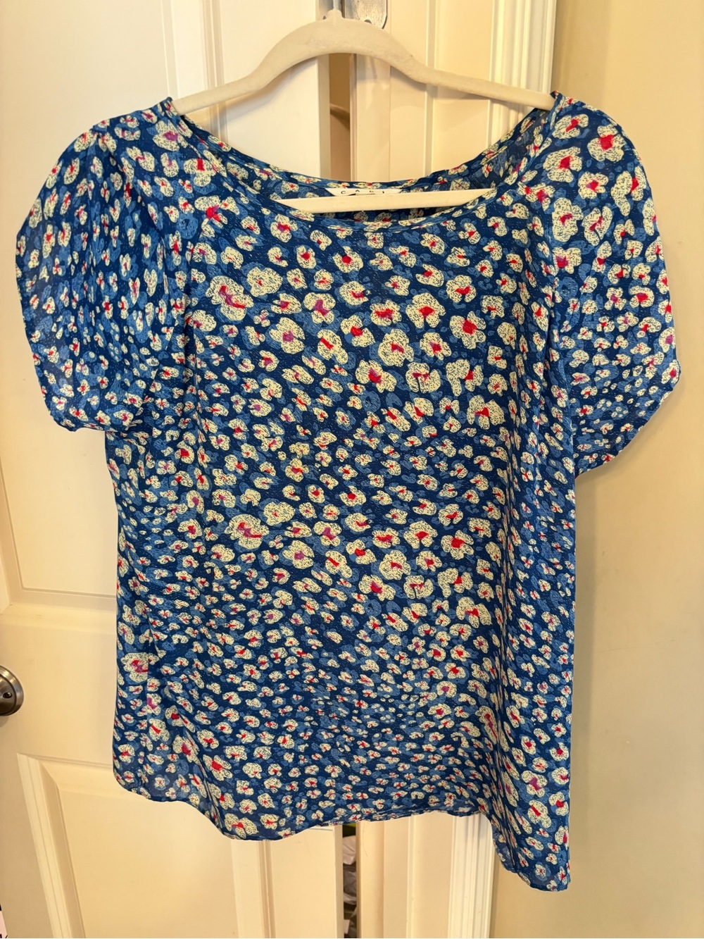 CAbi Blue Floral short Sleeve Blouse